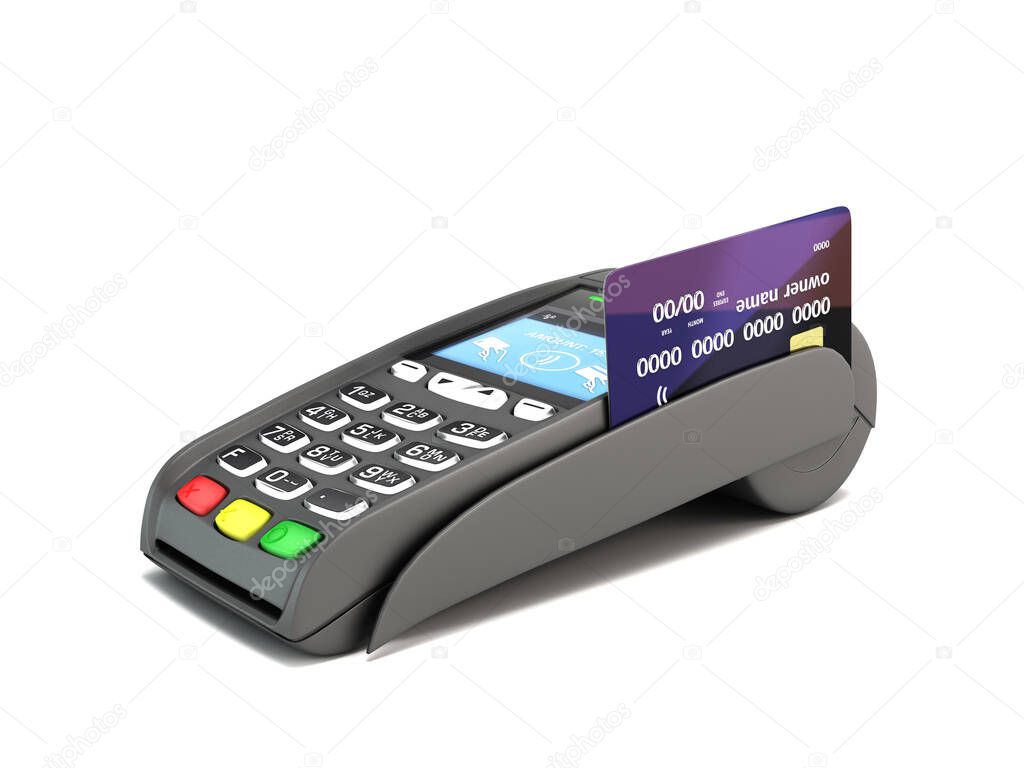 contactless payment by credit card through the terminal 3d render on white