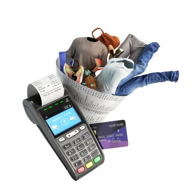 concept of online ordering of clothes and accessories the clothes is wrapped in a check coming from the card terminal 3d render on white no shadow clipart