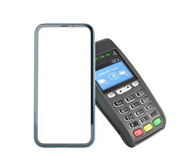 Mobil telefon bankacılığı ile ulaşılamaz ödeme Terminal 3d üzerinde boş ekran gölgesiz beyaz rendeleme