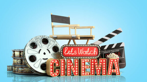 Онлайн кинотеатр имел световую концепцию неф позволяет смотреть кино 3D рендеринг на синий градиент