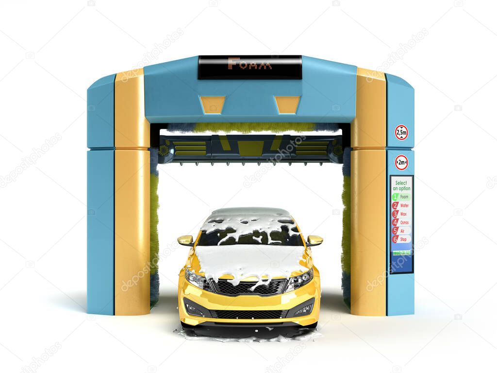 Automatic car wash concept yellow car covered in foam stands inside a robotic washer 3d render