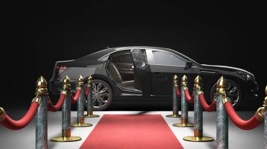 Kameradan lüks araba olayına kırmızı halı. Koyu arkaplanda 3D görüntüleme