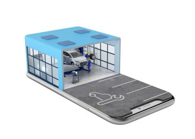 Mobil araba servis istasyonu konsepti ve cep telefonu ekranına park etme 3D gölgesi yok