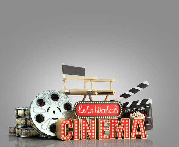 Online theatre cinema had light concept nave lets watch cinema 3d render on grey gradient