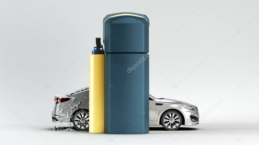 automatic car wash presentation concept car covered in foam stands inside a robotic washer 3d render on grey gradient