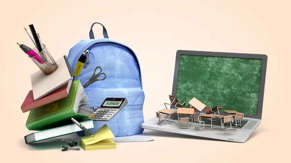 Online Μάθηση Έννοια Μπλε Σακίδιο Πλάτης Σχολικά Είδη Και Laptop — Φωτογραφία Αρχείου