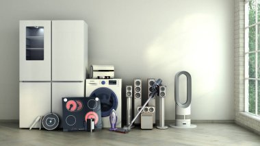 Boş oda ticaretinde modern ev aletleri veya 3D pazarlama için online alışveriş konsepti 