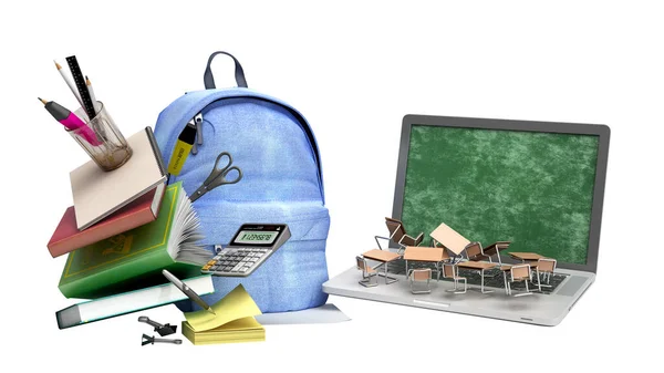 Koncepcja Uczenia Się Online Niebieski Plecak Materiałów Szkolnych Laptop Renderowania — Zdjęcie stockowe