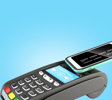 Mobil telefon bankacılığı vasıtasıyla mavi gradyan üzerinde 3D görüntüleme ile ulaşılamaz ödeme