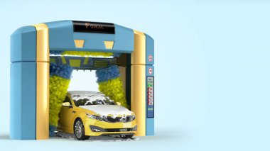 otomatik oto yıkama sunumu konsept araba köpükle kaplı bir robotik yıkama 3D renkte mavi gradyan