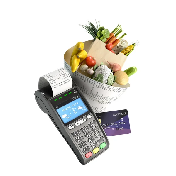 网上订餐的概念 在网上订餐 可吃的食物被包裹在一张来自信用卡终端的支票里 — 图库照片