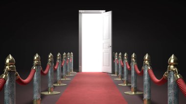 Şöhret konsepti kırmızı halı yolu açık kapı 3d render koyu arkaplanda