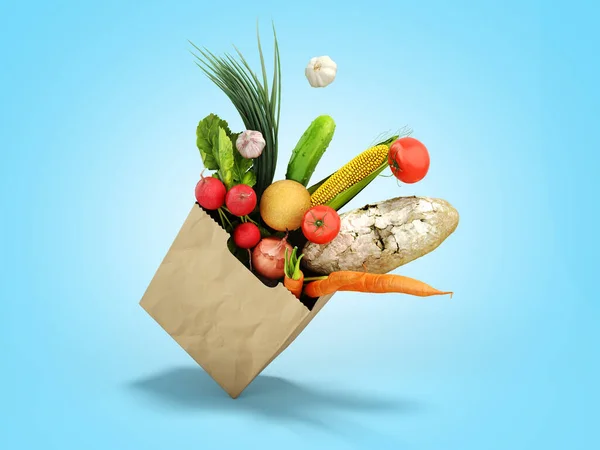 fresh food in a paper bag for products 3d render on blue gradient