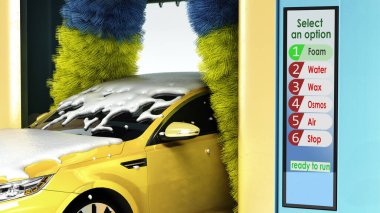 otomatik oto yıkama sunumu konsept araba köpükle kaplı bir robotik yıkama 3D render 