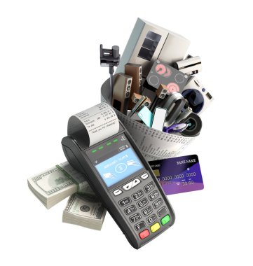 Ev aletlerinin çevrimiçi sıralanması kavramı teknik, kart terminalinden gelen bir çekle paketlenmiştir. 3D beyaz üzerine gölgesi yoktur.