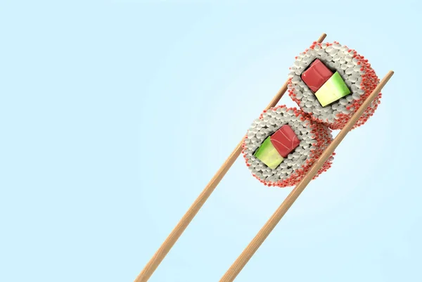 展示产品展示夹心夹在两根棒子之间的寿司3D渲染蓝色渐变 — 图库照片