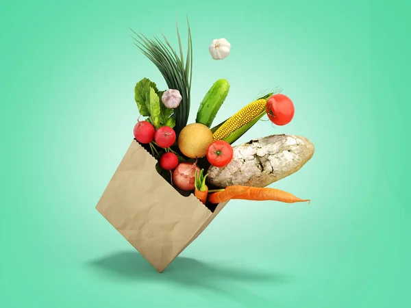 fresh food in a paper bag for products 3d render on green gradient