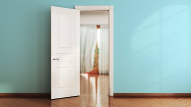 Açık bir kapısı ve duvardaki metin için bir yeri olan ışık akımlarında boş bir oda 3d görüntüleme