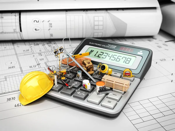 modern construction costing concept hard hat bricks and tape measure in the drawings next to the calculator 3d render on white paper drawings