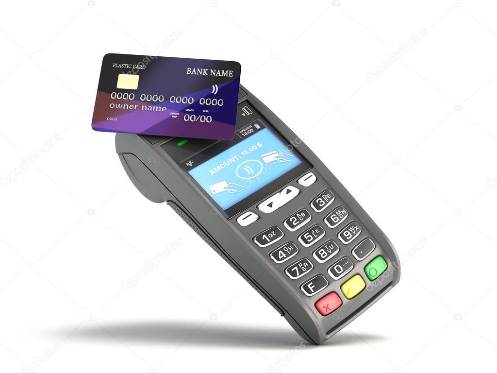 contactless payment by credit card through the terminal 3d render on white