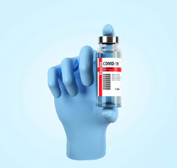 Koncepce Vývoje Vakcíny Lékařské Rukavice Drží Ampulku Koronavirovou Vakcínou Modrém — Stock fotografie