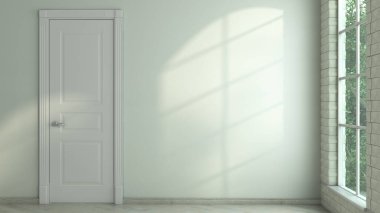 Kapalı bir kapısı ve duvardaki metin için yeri olan ışık akımlarında boş bir oda 3d görüntüleme