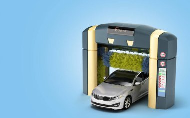 otomatik oto yıkama sunumu konsept araba köpükle kaplı bir robotik yıkama 3D renkte mavi gradyan