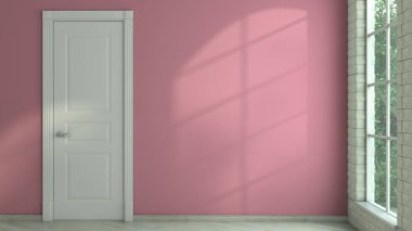 Kapalı bir kapısı ve duvardaki metin için yeri olan ışık akımlarında boş bir oda 3d görüntüleme