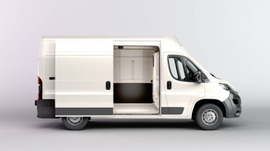 Beyaz Teslimat Van 3d 'yi gri arkaplanda aç