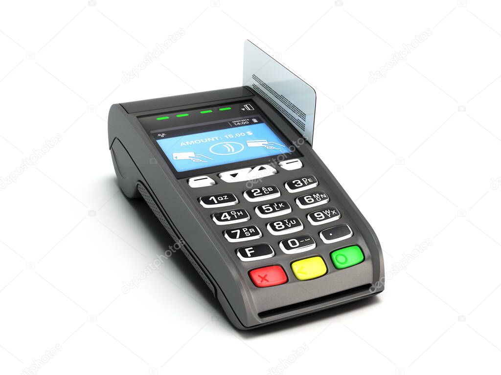 contactless payment by credit card through the terminal 3d render on white