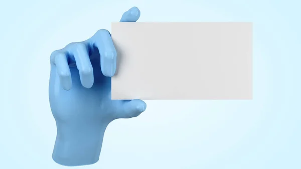 Ιατρικό Γάντι Σχήμα Χεριού Που Κρατά Λευκή Πλάκα Καθιστούν Μπλε — Φωτογραφία Αρχείου