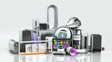 Küçük grup modern ev aletleri E ticaret veya çevrimiçi alışveriş sunum konsepti 3D render 