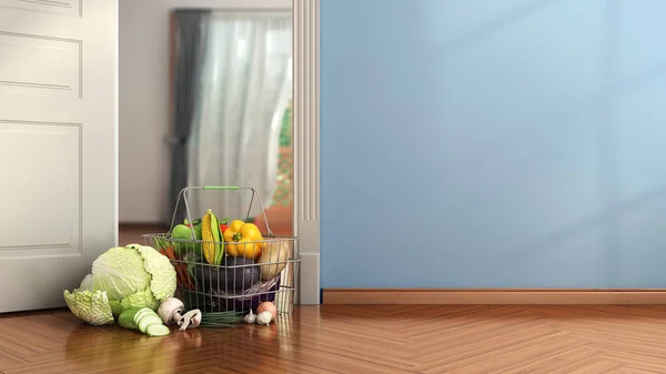食料品配達の概念スーパーマーケットのバスケットは 部屋のドアの3Dレンダリング画像に立っている — ストック写真