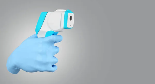 Rękawica Medyczna Rękę Posiada Koncepcję Elektronicznego Termometru Renderowania Szarym Gradiencie — Zdjęcie stockowe