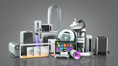 Küçük grup modern ev aletleri E ticaret ya da çevrimiçi alışveriş sunumu konsepti 3d koyu gri gradyan üzerine yorumlandı