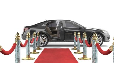 Kameradan lüks arabaya kırmızı halı. Beyaz renkte 3D görüntüleme.