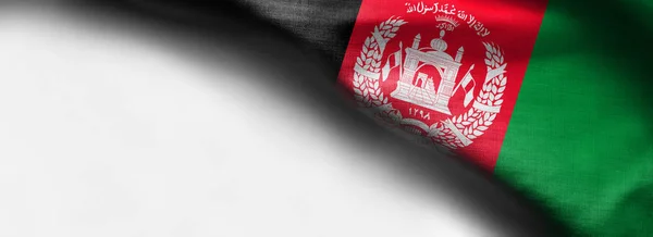 Bandeira de tecido ondulado colorida, close-up do Afeganistão em fundo branco - bandeira de canto superior direito — Fotografia de Stock