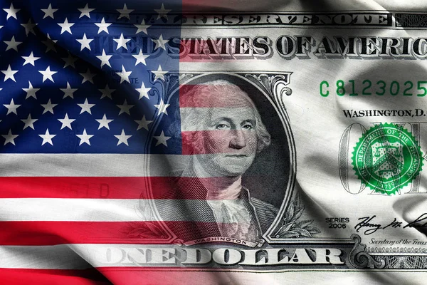 Bandeira americana com nota de um dólar - fundo de tecido ondulado, papéis de parede, close-up — Fotografia de Stock