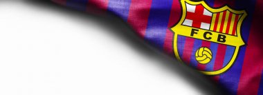 7 Kasım 2015, Barcelona, İspanya - Barcelona Futbol Kulübü Logosu beyaz arka plan üzerinde bayrak sallayarak