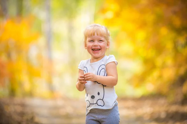 Glückliches kleines Kind, kleines Mädchen lacht und spielt im Herbst auf dem Naturspaziergang draußen — Stockfoto
