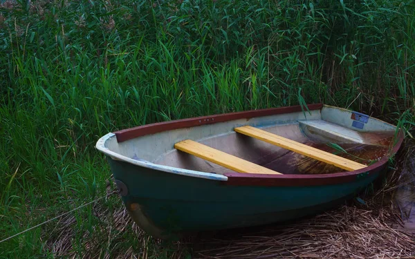 Old Blue Fishing Rowing Boat Moored Reed Thickets Summer Evening — Stock Photo, Image