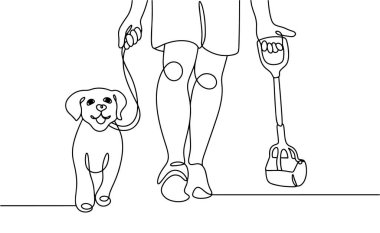Sahibi evcil hayvanıyla yürüyüşe çıktı. Bir adam elinde halka açık yerlerde bir köpeğin arkasını temizlemek için bir cihaz tutuyor. Vektör. Herhangi bir aşamada herhangi bir yapay zeka yazılımı kullanılmadan üretilen resimler. 