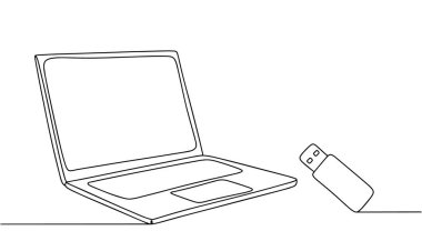 Laptop ve flash disk. Bilgi kurtarmak için medya arasında bilgi kopyalanıyor. Dünya Destek Günü. Vektör çizimi. Herhangi bir aşamada herhangi bir yapay zeka yazılımı kullanılmadan üretilen resimler. 