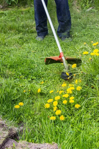 a worker mows grass and weeds with a lawn mower in the country