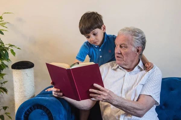 Avô Neto Lêem Livro Enquanto Sentam Sofá Enquanto Relaxam — Fotografia de Stock