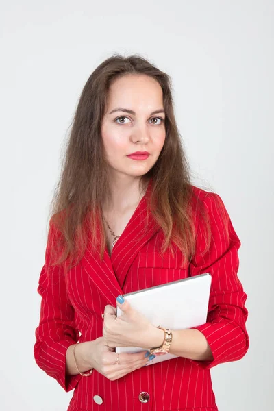 Portrait Young Business Woman Beautiful Eyes Red Suit Tablet Her — Stock Photo, Image