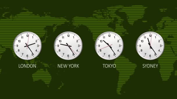 商务时钟倒计时 小时超过 证券交易所 新闻绿色背景 四个时区 — 图库视频影像
