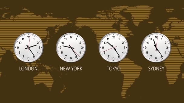 4Kビジネスクロックは30秒以上12時間カウントダウン 証券取引所ニュース黄色の背景 つのタイム ゾーン — ストック動画