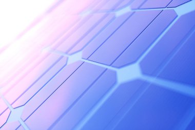 3D rendering güneş enerjisi üretimi teknolojisi. Alternatif enerji. Güneş pili paneli modüller güneş ışığı ile mavi gökyüzü ile doğal gün batımı ile