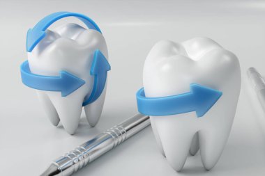 3D render diş dişçi ile seç. Diş, tıp ve sağlık kavramı. Sözlü dişlerle ilgili sağlık bilgisi. Sözel kaygı